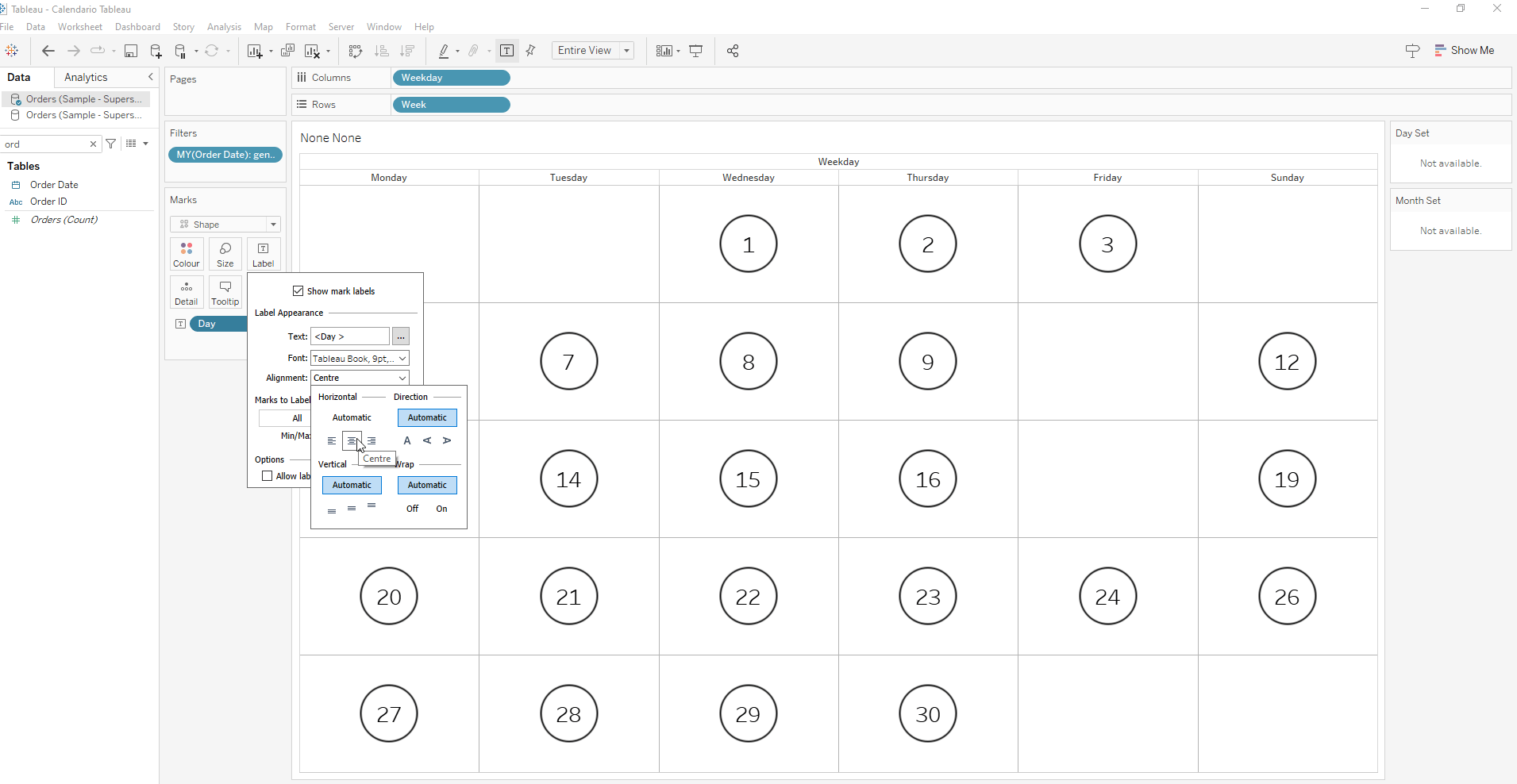 Modifica allineamento del giorno dell'etichetta