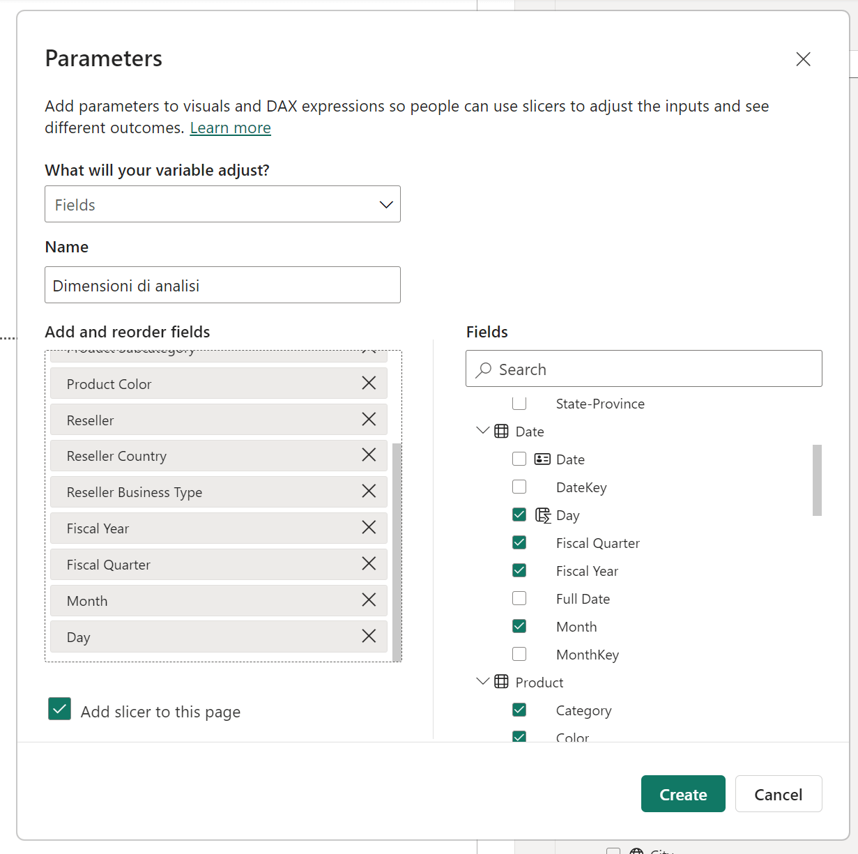 Parametro per le dimensioni