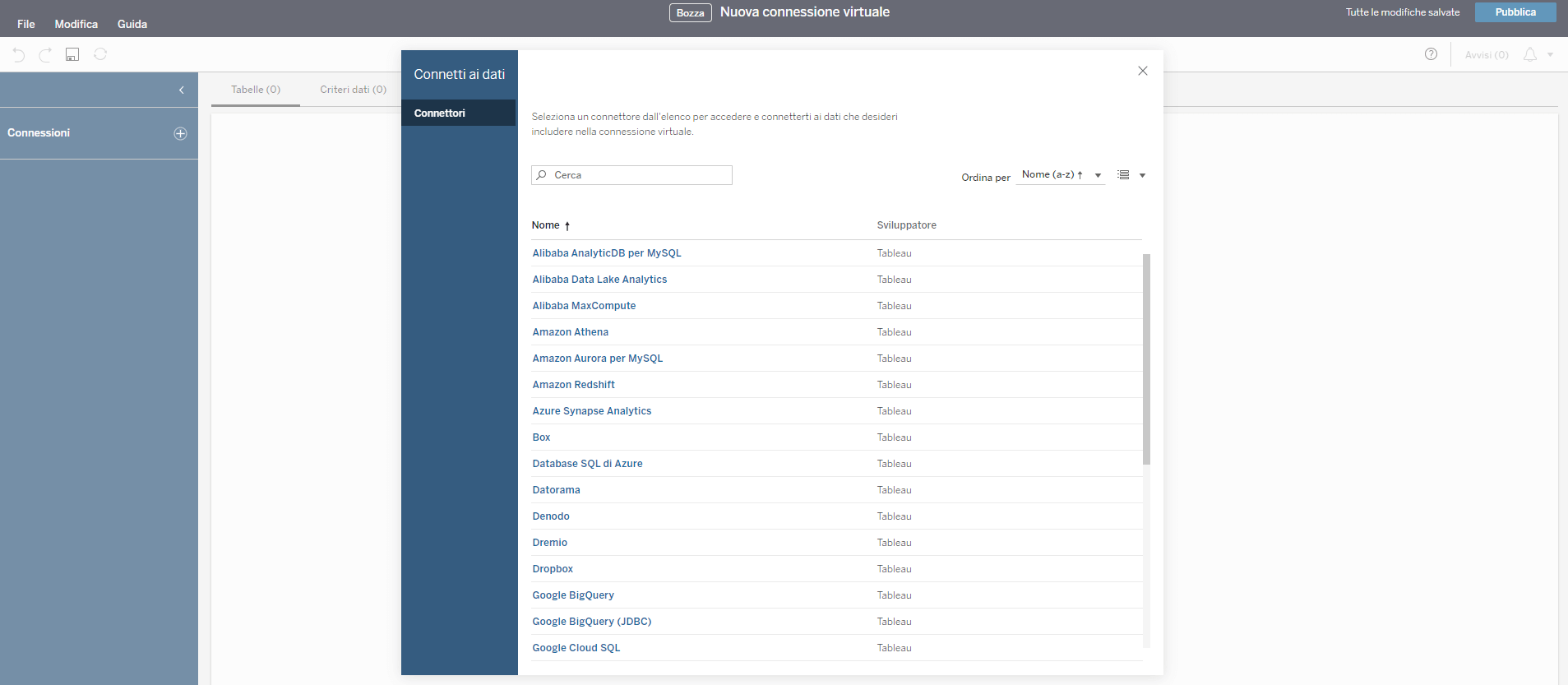 Creare connessioni virtuali tableau