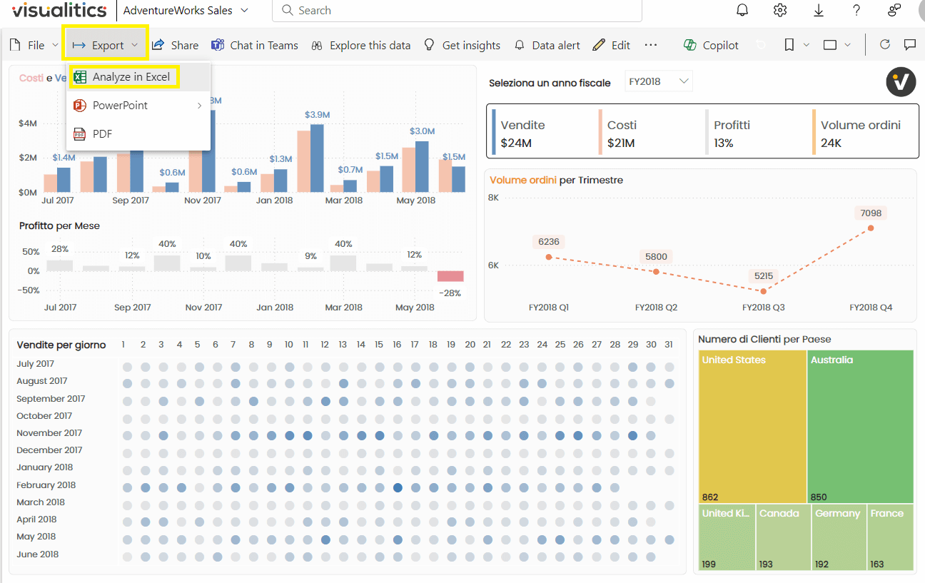 Selezione modalità di connessione alla sorgete dati in Excel