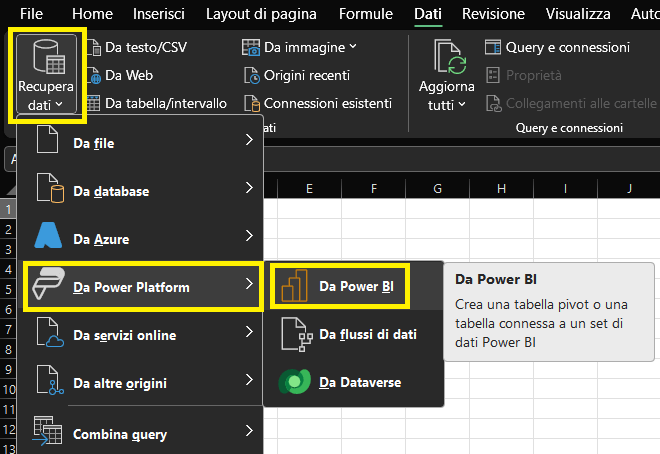 Selezione modalità di connessione alla sorgete dati in Excel