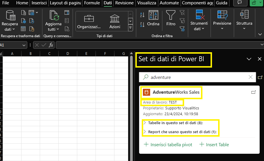 selezione excel modello semantico power bi