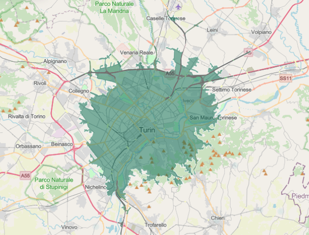 Stima della distanza percorribile in venti minuti di automobile partendo dal centro di Torino