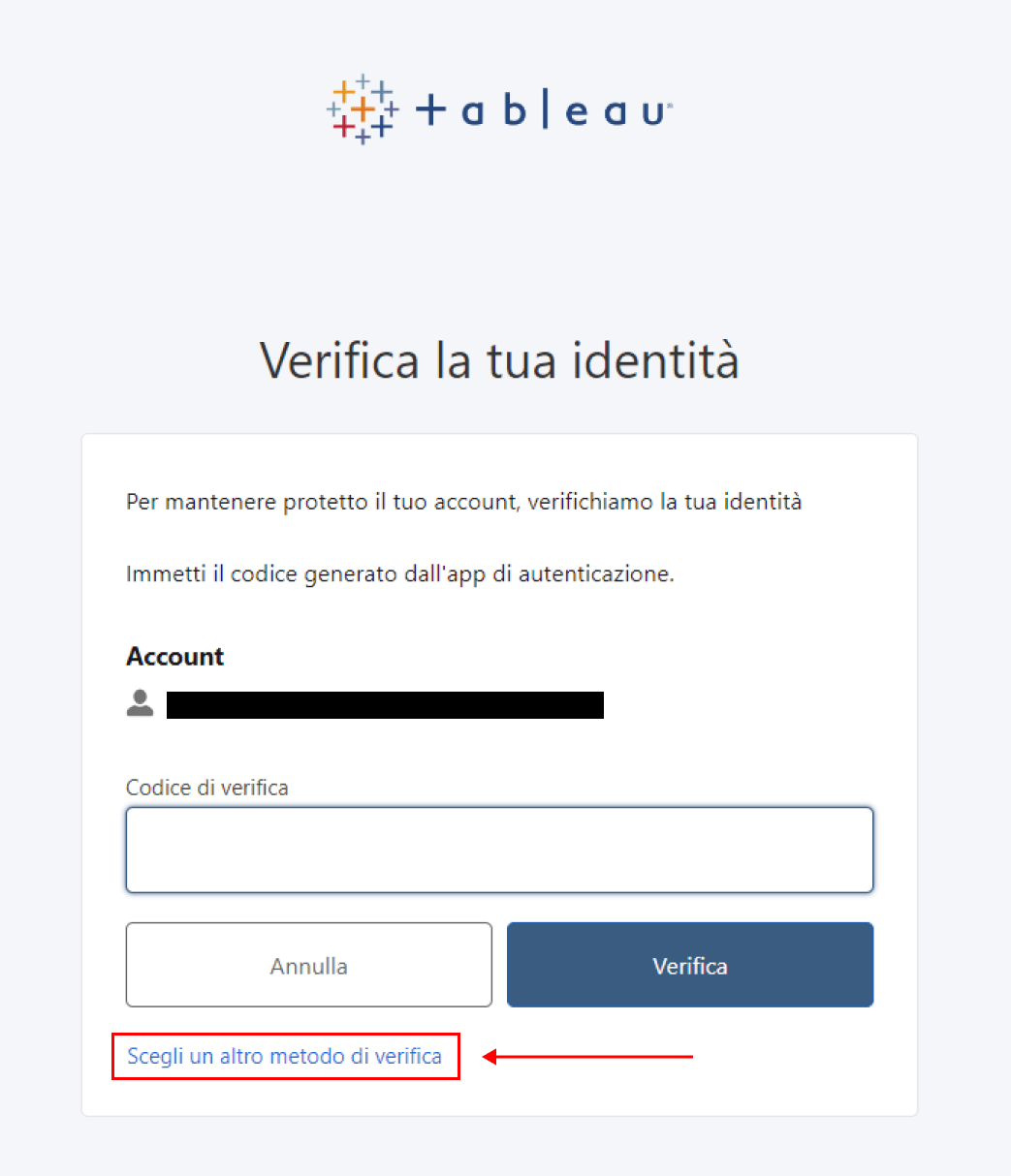 Click su "Scegli un altro metodo di verifica" - MFA tableau cloud