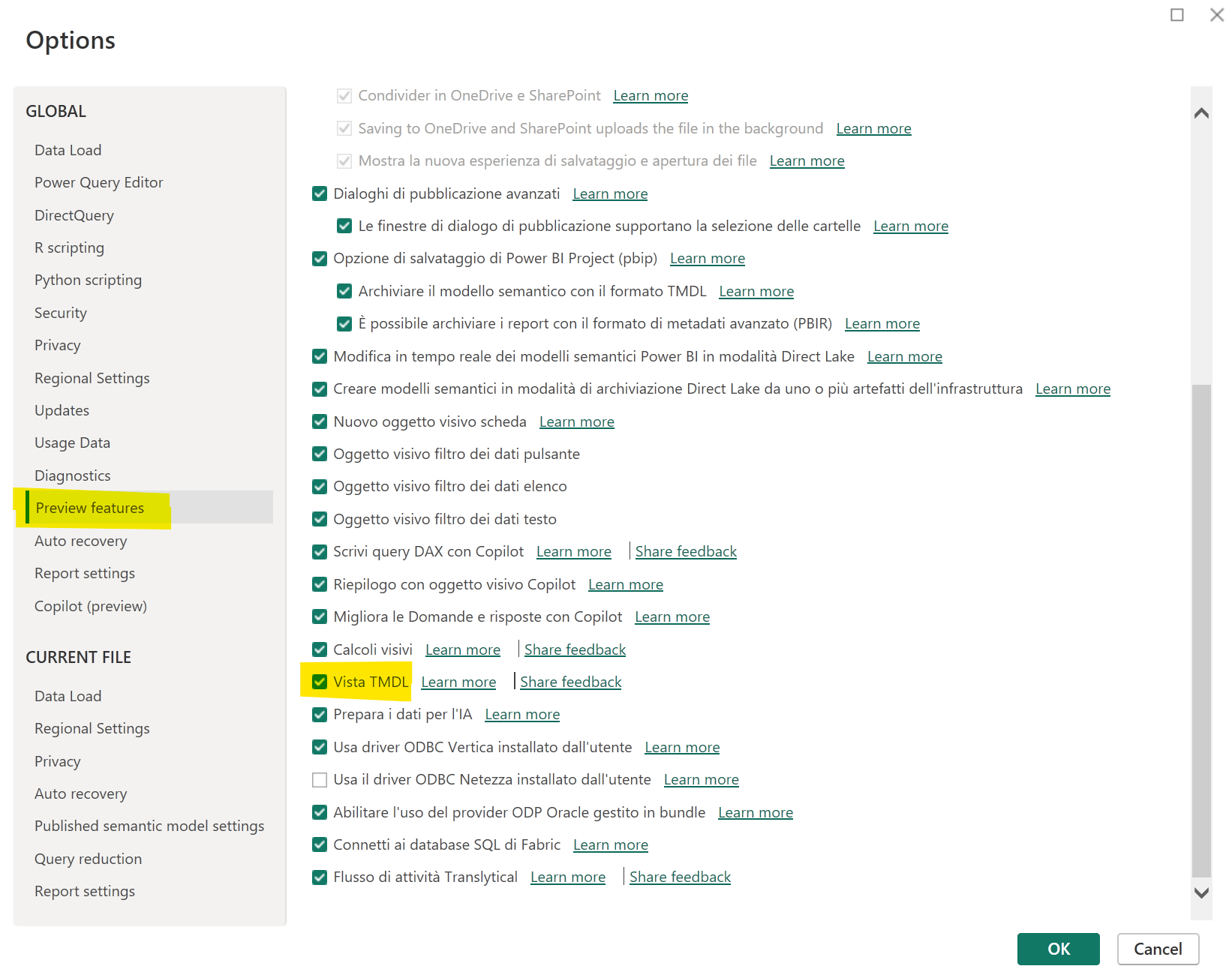 abilitazione tmdl view power bi