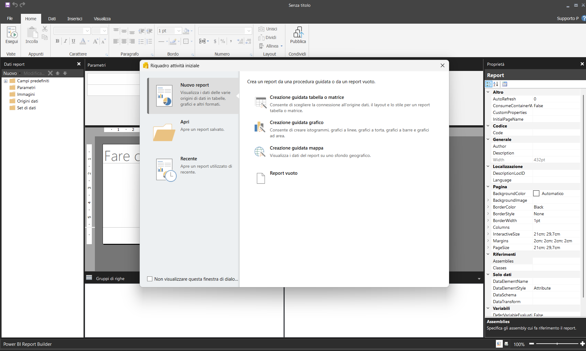 Schermata di apertura Power BI Report Builder
